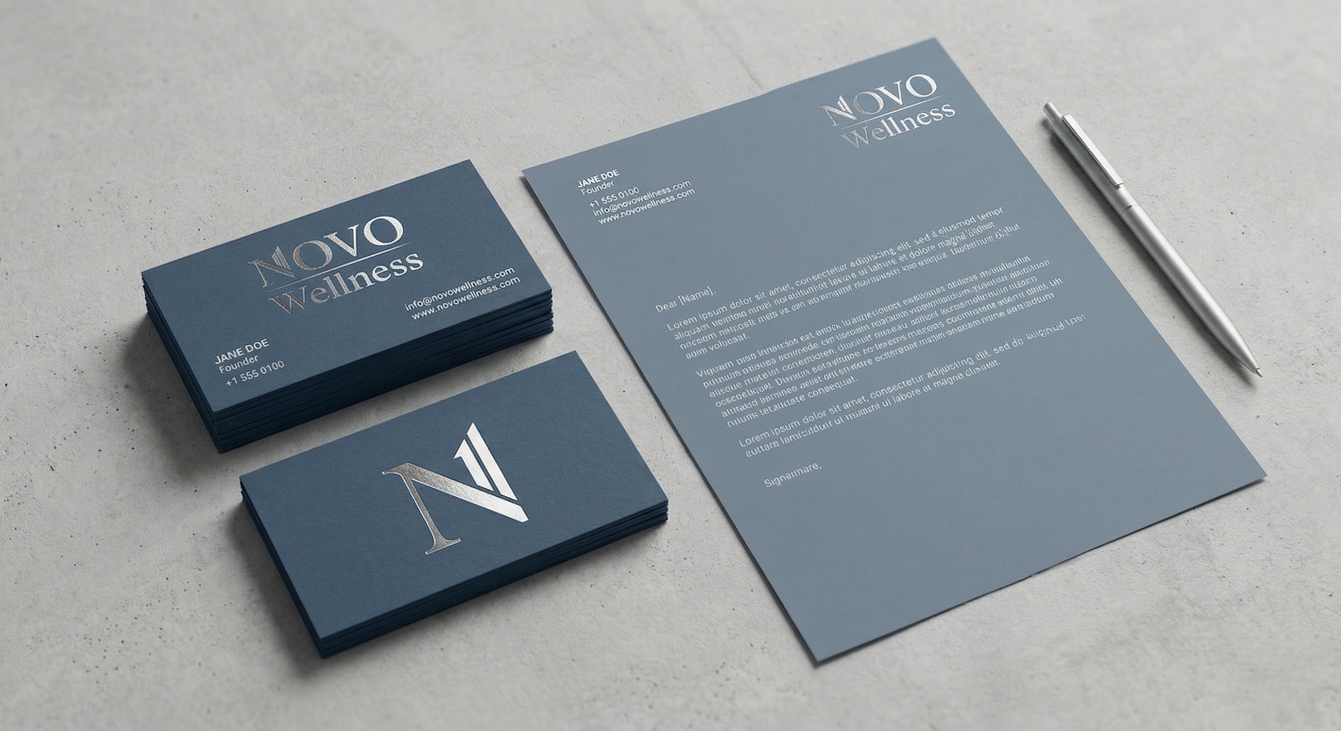 Novo Wellness business card and letterhead stationery design Alexandria